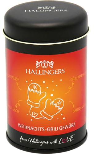 Hallingers Weihnachts Grillgewürz - Geschenk zu Weihnachten, Gewürz-Mischung für Marinaden, Fleisch & Geflügel (Dose) - Geschenkideen Weihnachten & Geschenke Adventskalender | Glückwunsch Ruhestand Fr