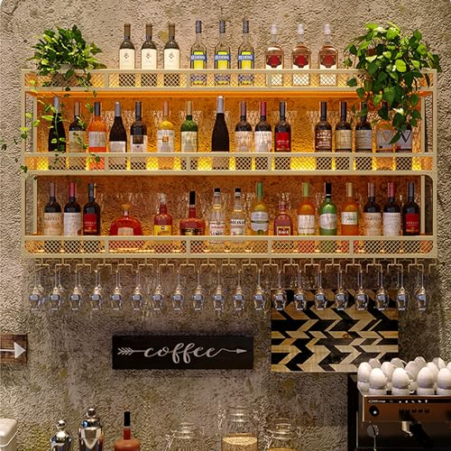 Botellero Vino de Pared Mueble Bar Garrafeira de Vino Wine Rack con Soporte Copas Colgante y Luz LED Mini Bar para Casa para Cocina Barra para Bar Comedor ( Color : Gold-3 layers , Size : 80cm(31.5in)