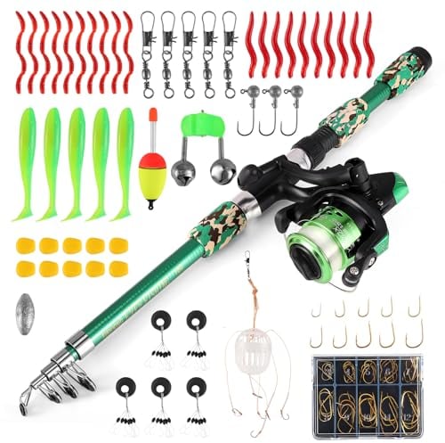 Aofesel Set da pesca per bambini, 3-10 anni, set di canna da pesca bambino con mulinello e esca, 1,8 m, set di base per bambini in fibra di carbonio telescopica, canna da pesca e mulinello da