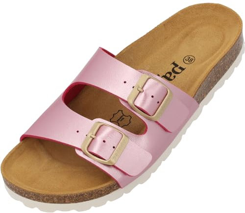 Palado Pantoletten Damen Milos Metallic – elegante Sandalen Made in Spain - bequeme Hausschuhe mit Kork-Fußbett - modische Sommerschuhe Pink UK3,5 - EU36
