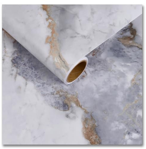 CRE8TIVE Grey White Marble Vinyl Wrap Self Adhesive Wallpaper White Blue Marble Contact Paper Matte Vinyl Wrap for Furniture Wallpaper for Living Room Modern Bathroom Kitchen Countertop 30cm x 200cm