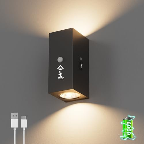 Aipsun 6000mAh Akku Wandleuchte mit Bewegungsmelder, 3000K Warmweiß 650LM Kabellose Innenlampe, 3 Modi (Sensor/AUS/EIN), Schwarz für Korridor Treppen Garage, 6W LED Wandlicht ohne Stromanschluss