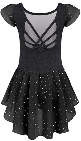 Arshiner Ballettkleidung Mädchen Baumwolle Ballettkleid Schwarzer Schmetterling Balletttrikot Kurzarm Tanzkleid Tanzbody mit Chiffon Rock Tütü 140/5-6 Jahre