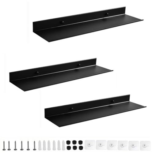 Etagères Murales Lot de 3,Noir 80cm Etagere Murale en Aluminium Percage ou sans Percage Etagere Flottante Murale pour Salon Chambre Bureau Salle de Bains ou Cuisine