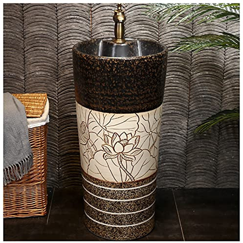 SnamicE Traditionelles Keramikwaschbecken für Badezimmer mit vollem Sockel und einem Hahnloch. Luxuriöses Waschbecken, leicht zu reinigende bodenstehende Waschtischeinheit,HL,H-L