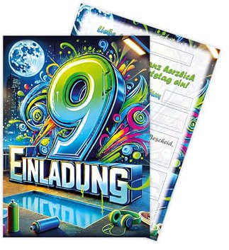 Limonia 12 Einladungskarten zum 9. Kindergeburtstag Graffiti Street Art Motto Feier Fest Einladung Set Geburtstag Mädchen Kinder Jungs Jungen Boys Teenies Unisex