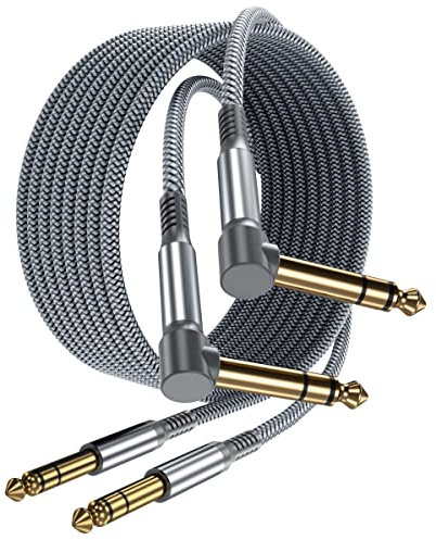 Elebase 1/4 Inch TRS Instrument Cable 2M 2-Pack,Right-Angled to Straight 6.35mm Male Jack Stereo Audio Cord,6.35 Balanced Interconnect Line for Electric Guitar,Bass,Keyboard,Mixer,Amplifier,Speaker