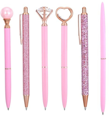 Sorcristy 6 Stück rosa Stifte für Frauen, Kugelschreiber-Set, ausgefallenes hübsches einziehbares Stift-Set, schlanker Metall-Kugelschreiber, Kristall-Diamant-schwarze Tinte für Frauen, Notizen