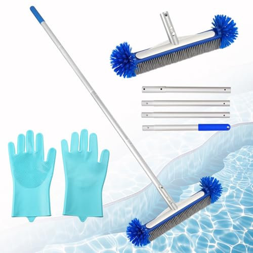 Shinybox Poolbürste mit Runden Enden, 43cm Pool Bürsten Bodenbürste, Poolbürste mit 160cm Längenverstellbarer Aluminiumstange, Pool Bürstenkopf, Reinigingsborstel voor Zwembaden für Pool Reinigung
