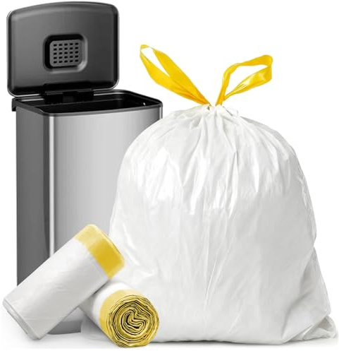 XIQIYY 15L Drawstring Bin Bags – Small White Food Waste Bags with Tie Handles, Pre-separated, Strong & Leakproof Bin Liners for Kitchen, Bathroom & Office(Size 12-15 Litre, 64 Counts)