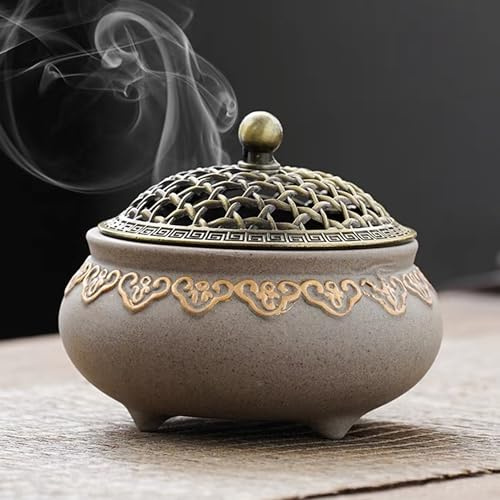Keramik Räuchergefäß Vintage Weihrauchbrenner mit Metall Deckel und Feuerfeste Räucherstäbchenhalter Halter Rund Chinesisch Porzellan Räucherschale für Home Meditationsraum Wohnzimmer Office Deko