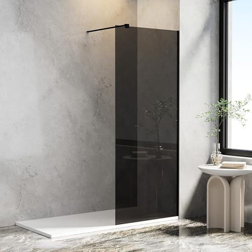 800 x 1900mm Shower Screen, AQUARA Walk-in Shower Glass Panel with Support Bar – Reversible. Black Wet Room Shower Screen with 8mm Easy Clean Grey Toughened Glass