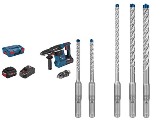 Bosch Professional 18V System Akku Bohrhammer GBH 18V-26 F (SDS plus, KickBack Control, inkl. 2x Akkus, Ladegerät) + 5x Expert SDS plus-7X Hammerbohrer Set (für Stahlbeton, Ø 5-10 mm)
