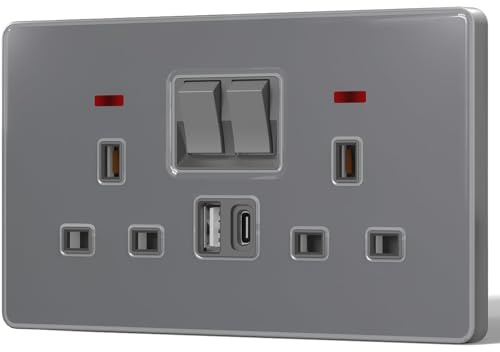 BSEED Double Socket with 20W USB-C Fast Charging,Glass Switched Wall Sockets,13A Electrical outlets with LED Indicator,Screws Included,1 Gang(20W),146mm Grey