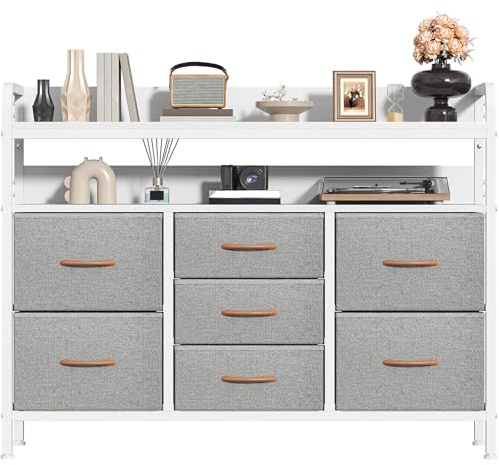 Feonase 7-Drawer Fabric Chest Of Drawers for Bedroom - 4 Large and 3 Small Drawers with Handles, Storage Organizer with Open Shelf & Sturdy Metal Frame, Ideal for Living Room/Entryway (Light Gray)