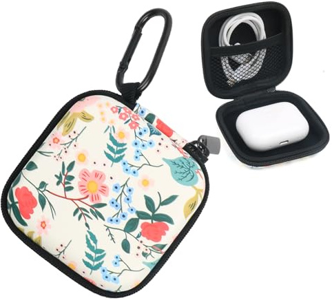 Hard EVA Shockproof Earbud Case Carrying Cover Headphone Organizer Bag with Zipper,Carabiner Clip& Velvet Lining for AirPods/Galaxy Buds/Sony (Flower)
