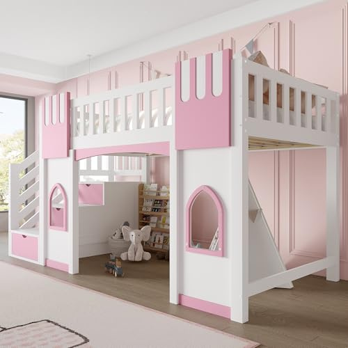 MOBETTRES 90 x 200 cm Hochbett mit Stauraumtreppe und Fenster (Weiß+Rosa)