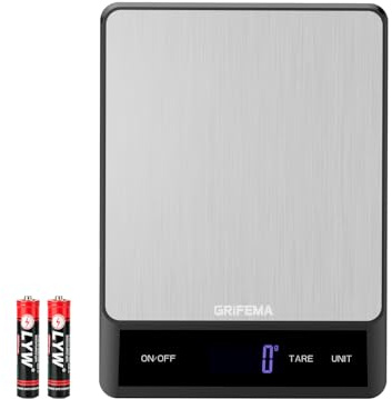 GRIFEMA GA2008 Báscula de Cocina con Pantalla LCD 5 kg | Precisión 1 g, Función Tara, Apagado Automático, Superficie de Acero Inoxidable, Pilas Incluidas