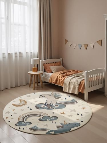 Hanse Home Adventures Kinderteppich Rund Einhorn - Kinderzimmerteppich Regenbogen, Mond Sterne Motiv, Spielteppich, Junge, Mädchen, Teppich Kinderzimmer, Wohnzimmer - Creme Mulitfarben, Ø 160 cm