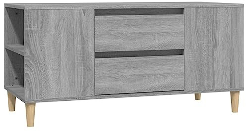Yisssmeng TV-Lowboard Grau Sonoma 102x44,5x50 cm Holzwerkstoff+Eukalyptus, 4 Fächer 2 Schubladen, skandinavischer Fernsehschrank