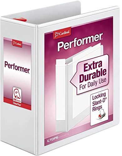 Cardinal Performer 3-Ring Binder, 4, Locking Slant-D Rings, 890-Sheet Capacity, ClearVue Presentation Binder, Nonstick, PVC-Free, White (19050)