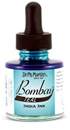 Bombay India Ink, 1.0 oz, Teal (11BY) - Highly Pigmented, Lightfast, Permanent, Waterproof - for Brush, Drawing Pen or Airbrushes