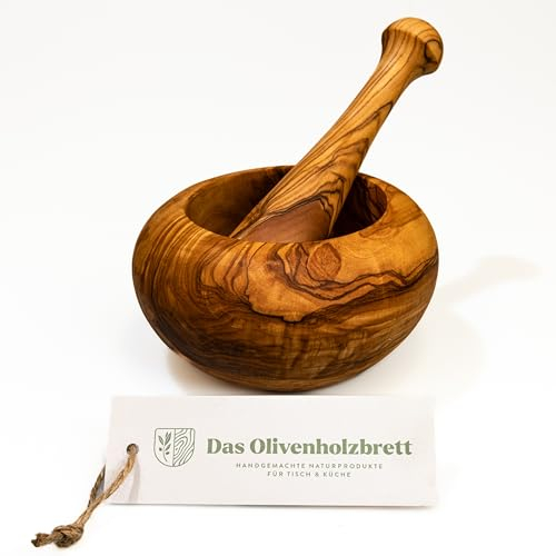 DAS OLIVENHOLZBRETT® Olivenholz Mörser & Stößel Set/Mörser aus 100% Olivenholz/Holzmörser/Kräuter-, Gewürz- Pesto Mörser Ø Durchmesser ca. 18cm