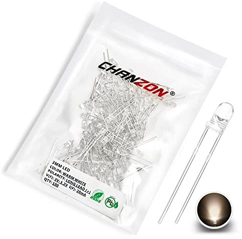 Chanzon 100 pcs 3mm Warm White LED Diode Lights (Clear Round Transparent 3000K DC 3V 20mA) Bright Lighting Bulb Lamps Electronics Components Light Emitting Diodes