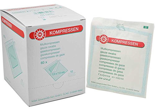 60 compresas de gasa estériles de Noba, compresas de gasa, 12 capas, 7,5 cm x 7,5 cm