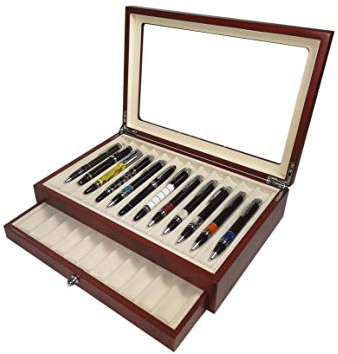 Maestrorelojero - Scatola Portapenne con vetrina per 23 penne in legno Noce | Espositore penne stilografiche | Portapenne da esposizione | Raccoglitore collezioni | Ciliegia, legno