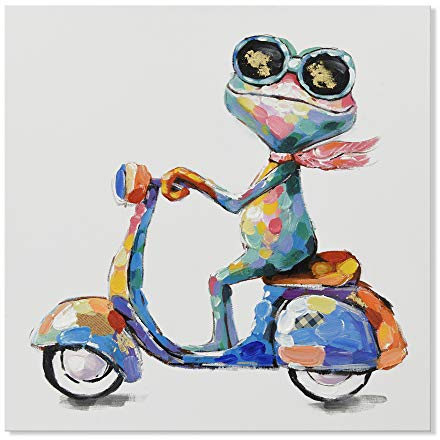 JAPO ART Leinwandbild, Frosch, 100 % handbemalt, niedliches Gemälde, lustig, bunt, Tierbild, gespannter Rahmen für Kinderzimmer, Wohnzimmer, Schlafzimmer, fertig zum Aufhängen (Hippie-Froschfahrt,