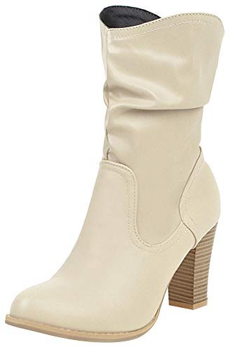 Jamron Mujer Elegante Tacón de Bloque Sin Cordones Botas de Pantorrilla Fruncidas Mullido Botas Holgadas Beige SN02816 EU42