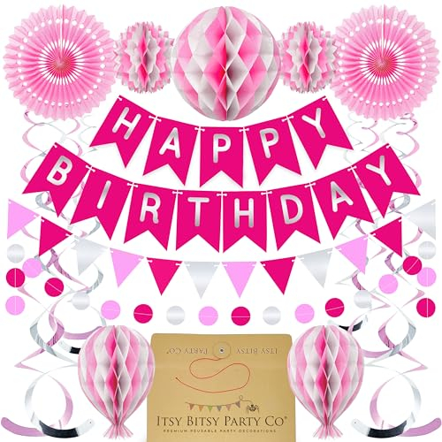 Premium Wiederverwendbare Geburtstagsdeko - Deko Geburtstag / Party Deko - Happy Birthday Girlande, Wimpelkette Geburtstag, Wabenbälle - Happy Birthday Deko (Rosa & Platin)