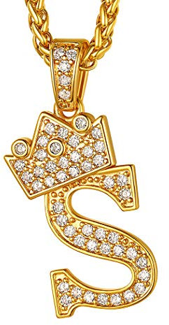 Suplight Gold Chain Necklace Men Rapper, Hip Hop Pendant Jewelry, Cubic Zirconia CZ Tennis Initial Letter Alphabet Name King Crown Necklace for Girls