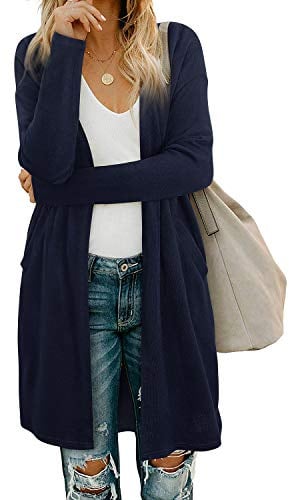 OUGES Damen Langarm Strickjacke Lang Leicht Cardigan Casual Strickmantel mit Taschen