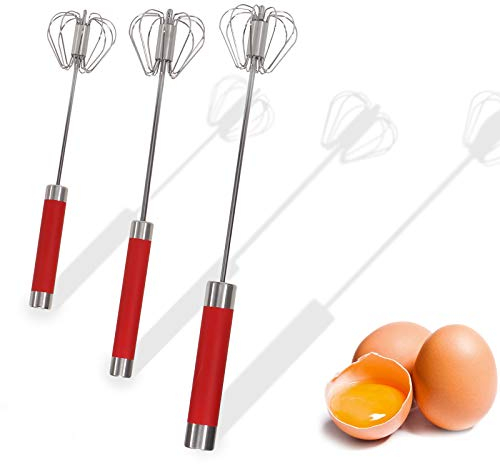 ATUIO 3 Pieces Stainless Steel Egg Whisk, 10/12/14 Semi-Automatic Hand Push Mixer for Cooking Egg Beater, Milk Frother, Hand Push Rotary Whisk Blender, Dishwasher Safe