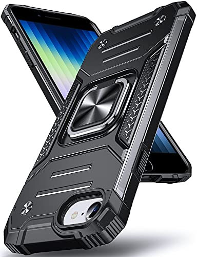 DASFOND Armor Hülle für iPhone SE 2022/8/7/6S/6 iPhone SE 2020 Case Militär Stoßfest Handyhülle [Upgrade 2.0] 360 Grad Metal Ring Halter Ständer Schutzhülle [für Auto Magnet], Schwarz