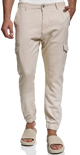 Indicode Herren Booth Cargohose aus Leinen & Baumwolle mit 6 Taschen | Stoffhose für Männer Fog, XXL