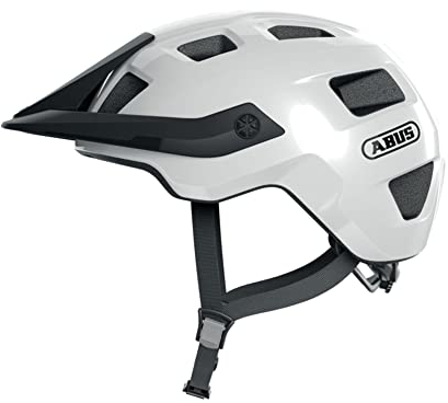 ABUS MTB-Helm MoTrip - robuster Fahrradhelm mit höhenverstellbarem Schirm für Mountainbiker - individuelle Passform - Unisex - Weiß Glänzend, L
