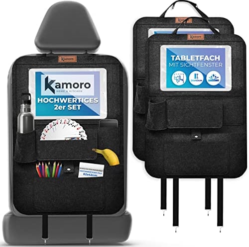 Autositz Organizer mit Tablet-Halter und Touch-Funktion - Einfache Befestigung an jedem Sitz [2er Set] - Rückenlehnenschutz aus extra dickem Filz - Rücksitz Organizer für Aufbewahrung und Schutz