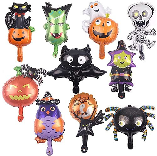 YKKJ Halloween Dekoration Ballons,Halloween Party Luftballons 10 stück Halloween Folienballon Ghost/Geek Kopf Kürbisspinne Aluminiumfolie Luftballons für Halloween Bar Zuhause Dekorbedarf