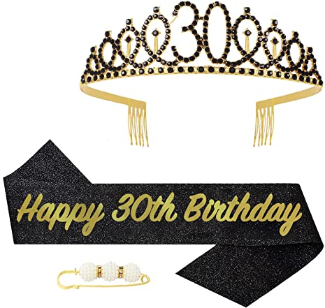 POPOYU 30 Geburtstag Krone und Schärpe,Krone 30. Geburtstag Frauen,30.Geburtstag Tiara Schwarz Gold,krone 30.,30 Jahre Geburtstag Mädchen Kopfbedeckung für Geburtstagsgeschenk Partyzubehör