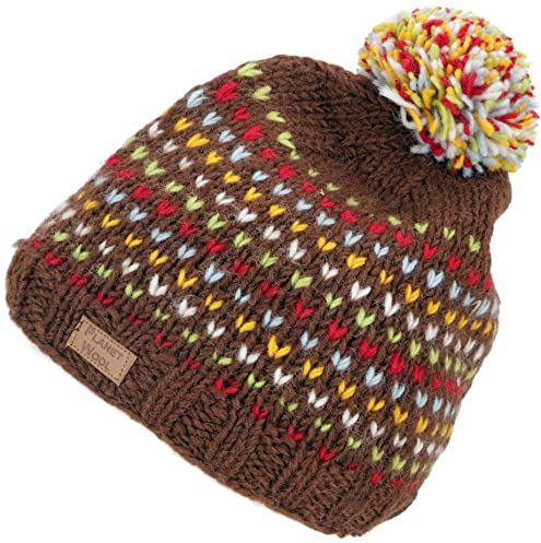 GURU SHOP Bommelmütze aus Nepal, Mütze aus Schurwolle, Wintermütze - Braun/bunt, Herren/Damen, Synthetisch