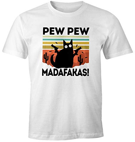 MoonWorks® Herren T-Shirt Pew Pew Madafakas! Schwarze Katze Fun-Shirt Spruch Meme lustig Weiss 5XL