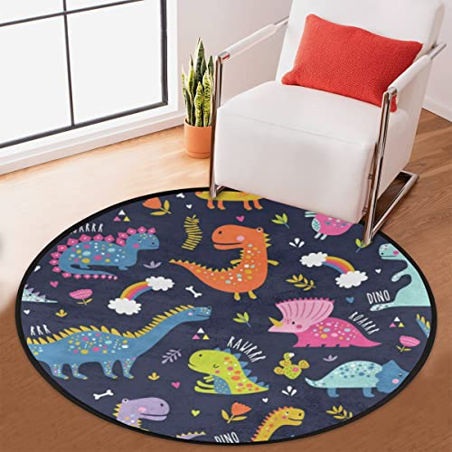 TropicalLife Dino Teppich Rund Kurzflor Cartoon Tier Dino Kreis Bereich Teppiche für Zimmer Zuhause Indoor Rutschfester Boden Indoor Matte Teppich