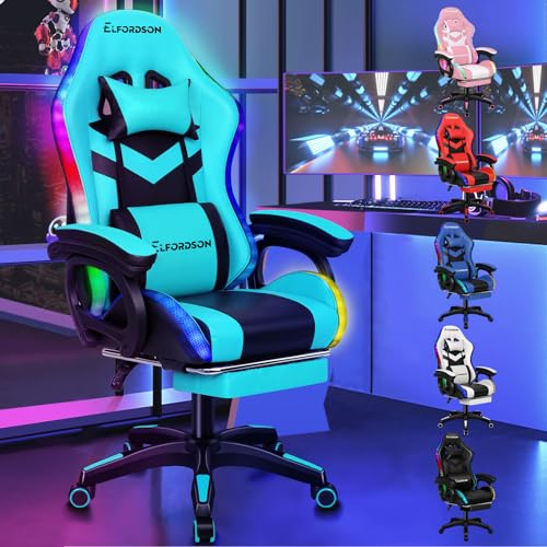 ELFORDSON Gaming Chair with RGB LED Light, 8-Point Massage Computer Office Chair with Lumbar Support Footrest 82cm High Back 150° Recliner, Black & Cyan