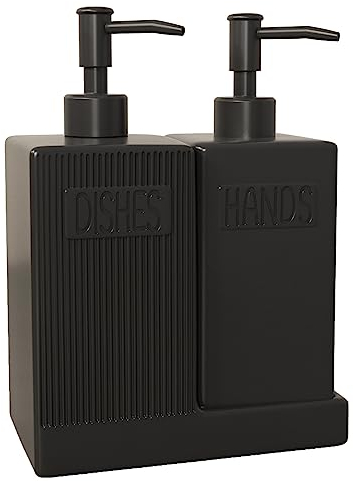 Karisky Soap Dispenser with Tray, 2 Pack Ceramic Dish and Hand Soap Dispenser Set with Funnel, Non-Slip Silicone Pads, Modern Refillable Liquid Bottles for Kitchen, Bathroom, Matte Black