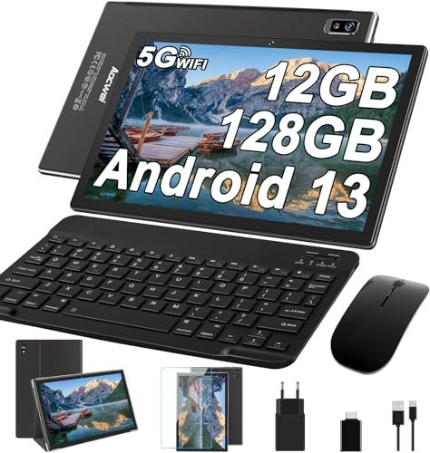 AOCWEI Tablet 10 Pulgadas Android 13 Tablet Octa-Core 2.0 GHz, 12GB RAM + 128GB ROM (512GB TF), 5G+2.4G WiFi, Bluetooth 5.0, 5MP+8MP, 8000mah,Face ID,con Teclado y Raton - Negro