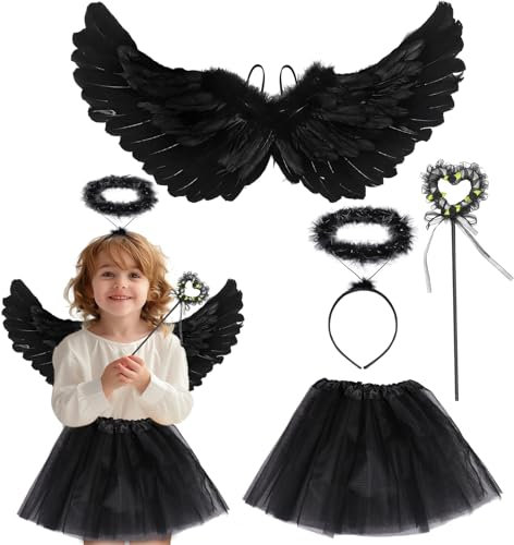 Huahuanghui Alas de Ángel Negro para Niñas - Disfraz para Halloween, Carnaval, Cosplay y Fiestas de Disfraces