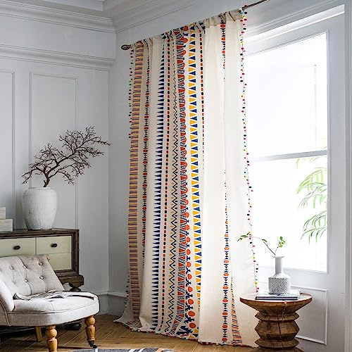 VOGOL Boho-Vorhänge mit Leinenstruktur, halbverdunkelnd, Geo-Muster, Fensterbehandlung mit Pompon, Bunte Stangentaschen-Vorhänge für Wohnzimmer, Schiebetür, 132 x 213 cm, 1 Vorhang